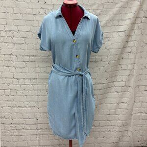 Rebellion Again Button Down Chambray Shirt Dress Sz L Attached Belt